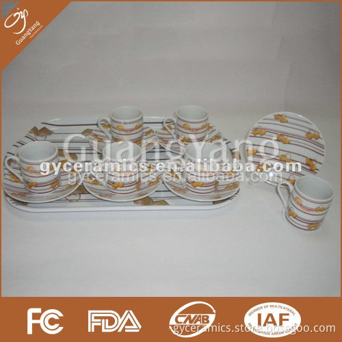 5 pcs porcelain set: 2 cups and 2 saucers and 1 tea pot with metal stand in color box